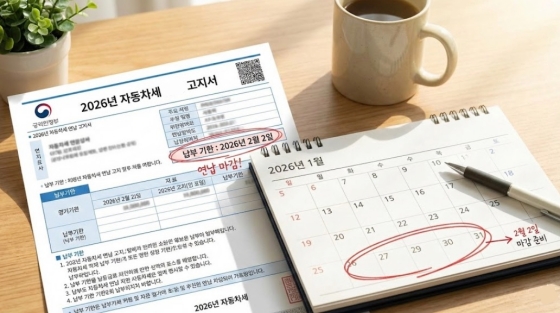 2026년 자동차세 연납 고지서와 1월 달력 체크