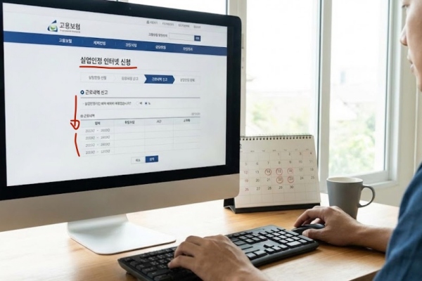 고용보험 실업인정 인터넷 신청 시 근로내역 신고 화면