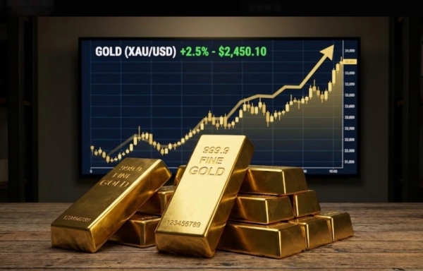 쌓여있는 골드바와 상승하는 금 시세 그래프