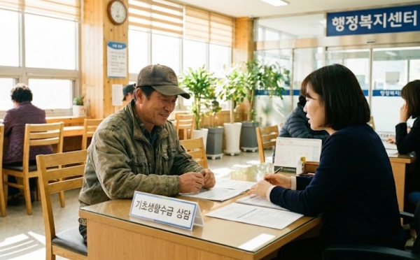 행정복지센터에서 기초생활수급자 상담을 받는 시민