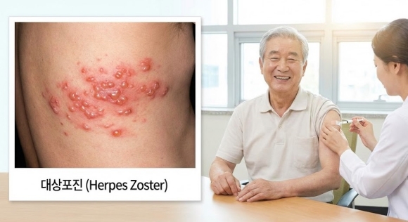 대상포진으로 인한 피부 수포 이미지와 예방접종 주사를 맞는 노인의 모습