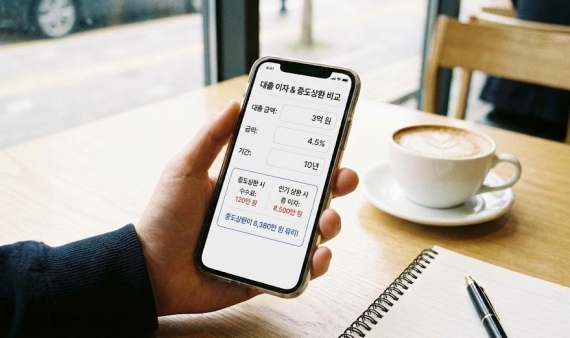 대출 계산기를 사용하여 중도상환수수료와 이자 비용을 비교하는 계산기 이미지