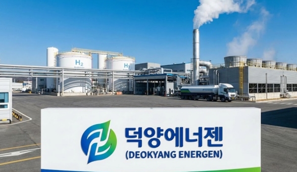덕양에너젠 기업 로고와 수소 공급 플랜트 전경