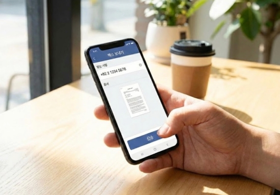 모바일 앱에서 팩스 번호를 입력하여 전송하는 화면