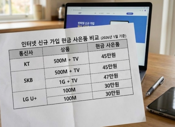 인터넷 신규 가입 시 받을 수 있는 현금 사은품 비교표