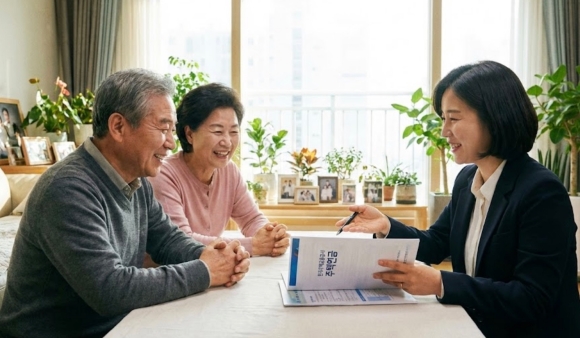 행복한 노후를 보내고 있는 노부부와 주택연금 상담을 받는 모습