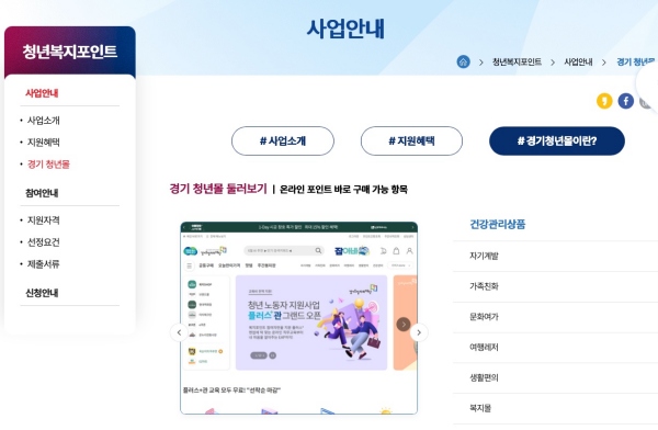 경기도 청년 복지포인트 쇼핑몰 사용 화면