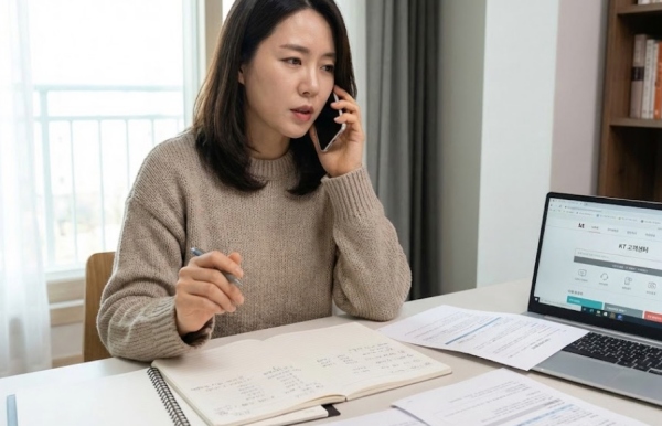 통신사 고객센터 상담원과 협상하는 모습