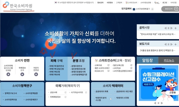 한국소비자원 피해구제 신청 및 상담 화면