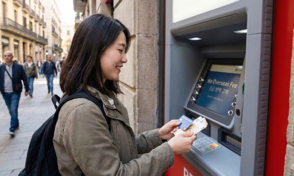 해외 현지 ATM에서 수수료 없이 현금 인출하는 모습
