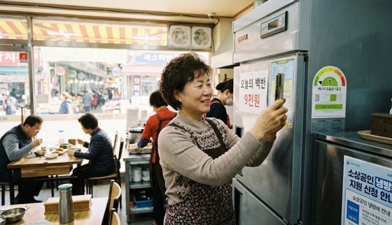 식당 사장님이 1등급 냉장고 옆에서 명판 사진을 찍어 지원금을 신청하는 모습