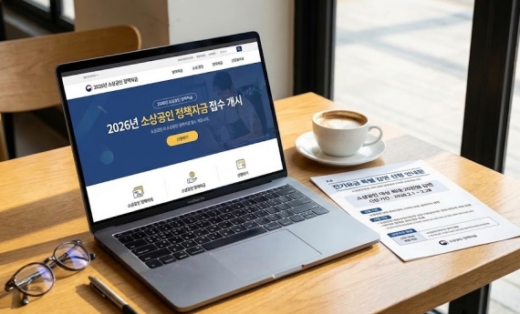 2026년 소상공인 정책자금 신청 홈페이지 화면과 전기요금 감면 신청 안내문