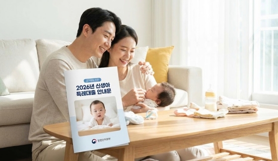 2026년 신생아 특례대출 안내문과 행복해하는 신혼부부의 모습