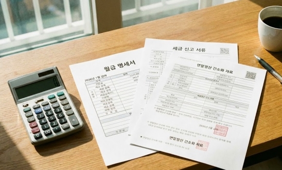 계산기 옆에 놓인 월급 명세서와 세금 신고 서류 이미지