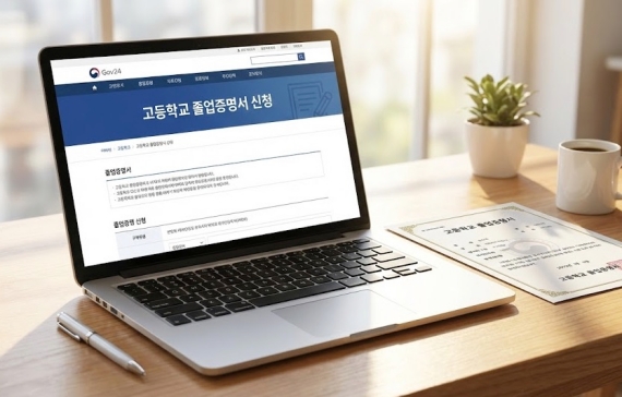 정부24 홈페이지에서 고등학교 졸업증명서를 신청하는 화면과 발급된 증명서 예시