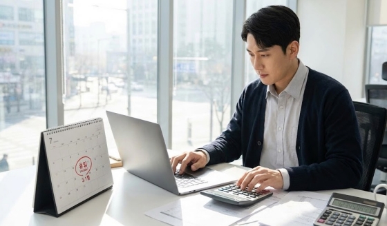 달력의 빨간 날짜(공휴일)에 근무하는 직장인의 모습과 계산기 이미지