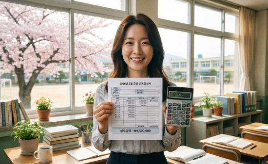 2026년 교사 급여 명세서와 계산기를 들고 있는 선생님의 모습