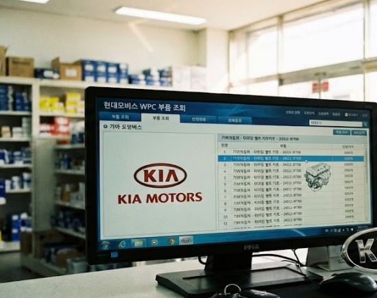 현대모비스 WPC 시스템에서 기아자동차 부품을 조회하는 화면과 기아차 로고