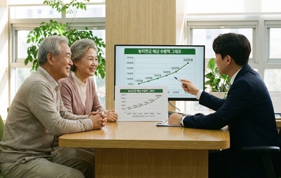 농지연금 상담을 받고 있는 노부부의 모습과 농지연금 예상 수령액 그래프