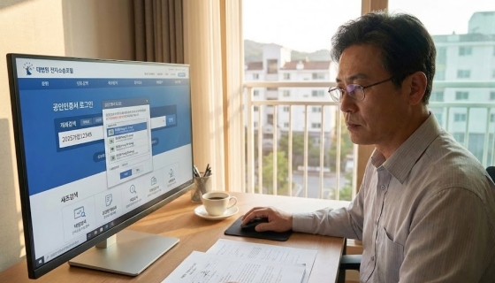 대법원 전자소송포털 메인 화면에서 공인인증서로 로그인하고 사건 번호를 조회하는 모니터 화면