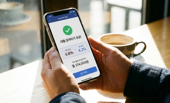 모바일 뱅킹 앱에서 대출 갈아타기 성공 후 이자율이 낮아진 화면