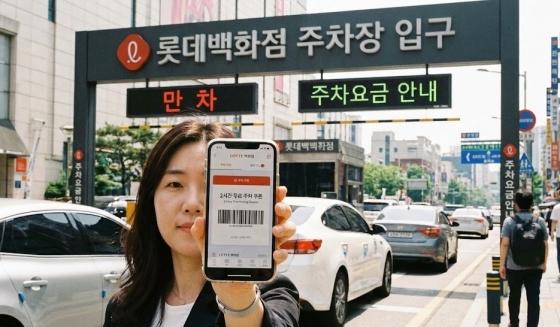 롯데백화점 주차장 입구 안내판과 스마트폰 앱 주차 쿠폰 화면