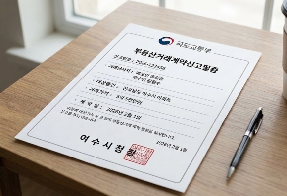 발급받은 부동산거래계약신고필증 문서의 샘플 이미지