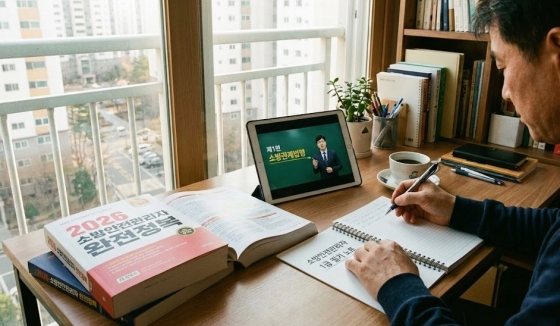 소방안전관리자 수험서와 필기 노트, 그리고 태블릿으로 인강을 보며 공부하는 책상 모습