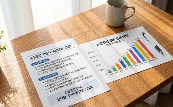 소상공인 대환대출 안내문과 노란우산공제 절세 혜택 그래프