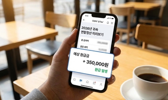 2026년 국세청 홈택스 모바일(손택스) 연말정산 조회 화면과 환급금이 표시된 예시