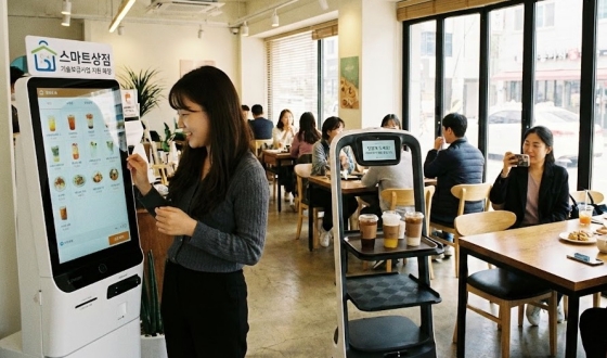 스마트상점 지원사업으로 설치된 카페 키오스크와 서빙로봇 운영 모습