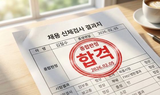 채용 신체검사 결과지에 '합격' 도장이 찍힌 모습