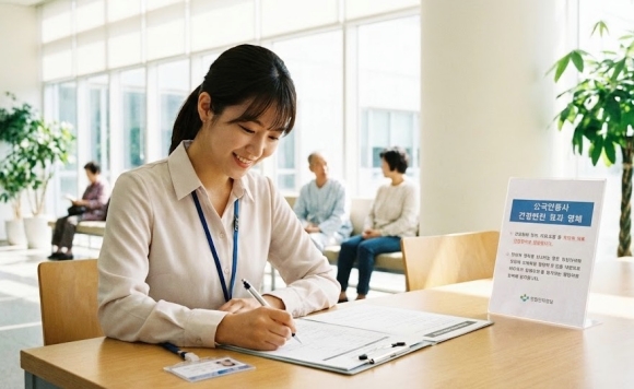 공무원 채용 신체검사서를 발급받기 위해 병원에서 문진표를 작성하는 합격자의 모습