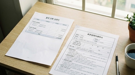 월세 이체 내역서와 임대차계약서 서류를 준비한 모습