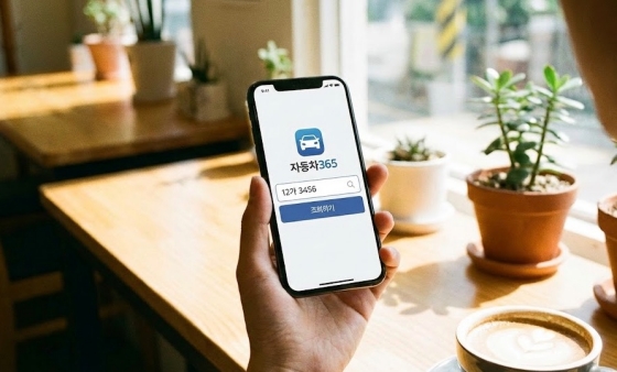 자동차365 모바일 앱을 실행하여 차량번호를 조회하는 화면