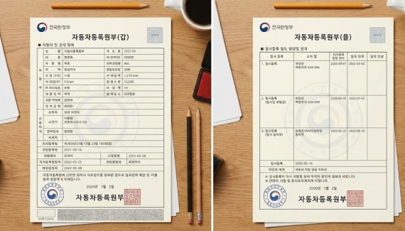 자동차등록원부 갑부와 을부의 실제 서류 양식 비교 이미지