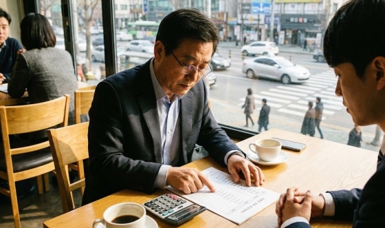 중고차 견적서를 꼼꼼히 대조하며 수수료 항목을 확인하는 모습