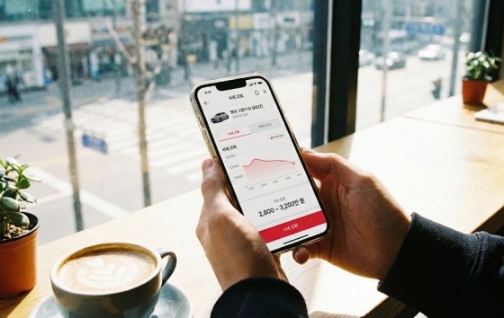 스마트폰으로 중고차 매매 사이트 앱을 실행하여 시세를 조회하는 모습