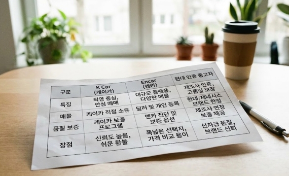 케이카와 엔카, 현대 인증 중고차의 주요 특징을 비교한 표