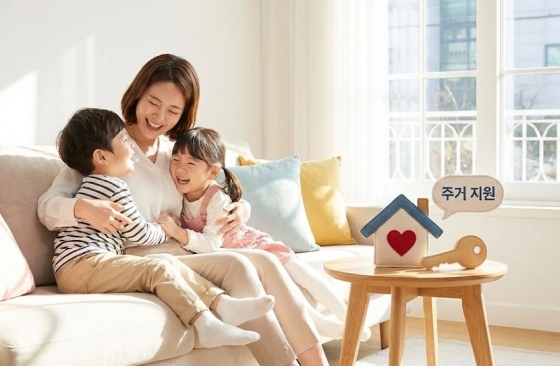 한부모가족이 행복하게 웃고 있는 이미지와 주거 지원 혜택 아이콘