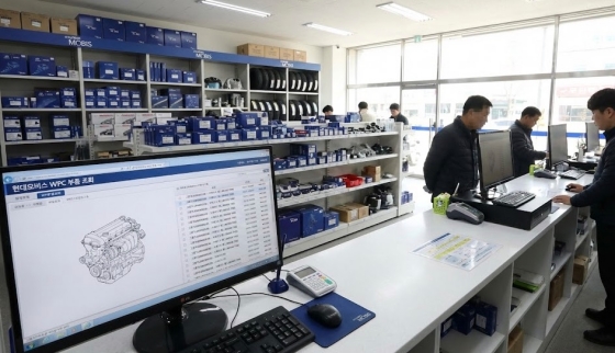 현대모비스 WPC 부품 조회 화면과 자동차 부품 매장 전경