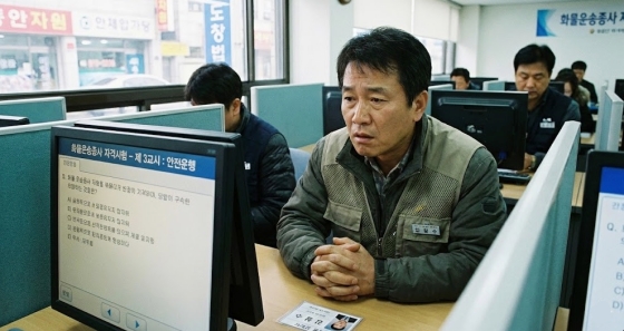 화물운송자격증 시험장 컴퓨터 모니터와 수험생의 긴장된 모습