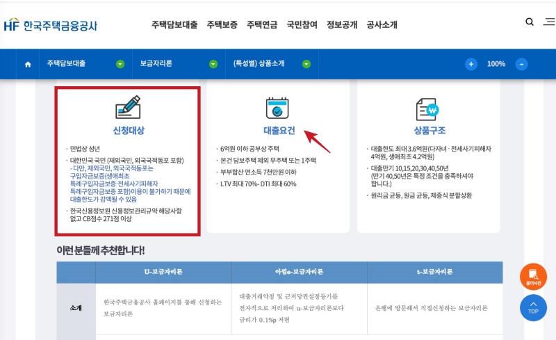 한국주택금융공사 아낌e보금자리론 신청 화면 예시